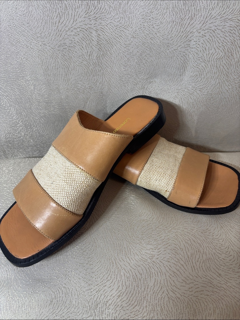 Lorenzo Ferrini luxury Men's Tan Leather & Cream Slip-On Sandals 0330